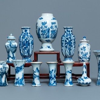 Twelve small Chinese blue and white vases, Kangxi