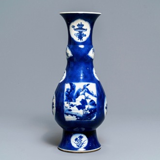 A Chinese powder blue-ground vase with landscape medallions, Kangxi