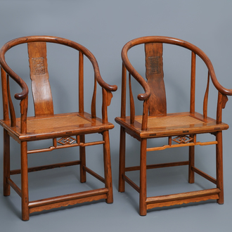 A pair of Chinese huanghuali wood chairs, Republic, 20th C.