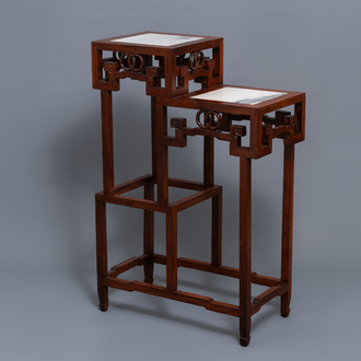 A double Chinese wooden display stand with marble tops, 19/20th C.