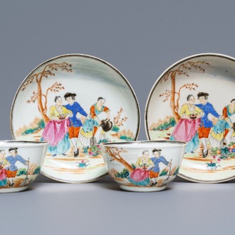 A pair of Chinese famille rose 'European subject' cups and saucers, Qianlong