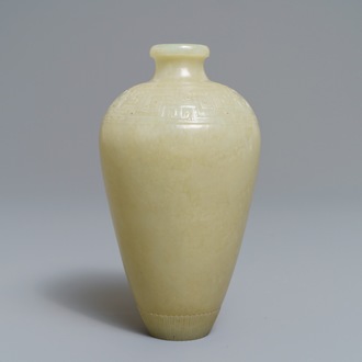 A Chinese light celadon jade relief-decorated meiping vase, 19/20th C.