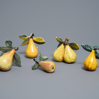 Five polychrome Dutch Delft models of pears, 18th C.