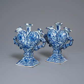 A pair of Delft-style blue and white heart-shaped tulip vases, Nurnberg, Germany, 18th C.