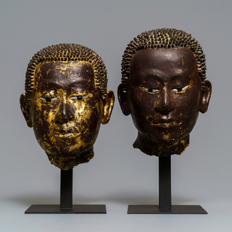 Two gilt-lacquered terracotta and stucco heads of Buddha, Thailand, Ayutthaya period, 18th C.