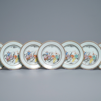 Seven Chinese famille rose plates with Luohan near a tiger, Qianlong