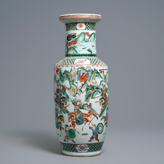 A Chinese famille verte rouleau 'warriors on horseback' vase, 19th C.