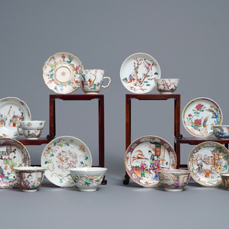 Eight Chinese famille rose cups and saucers, Yongzheng/Qianlong