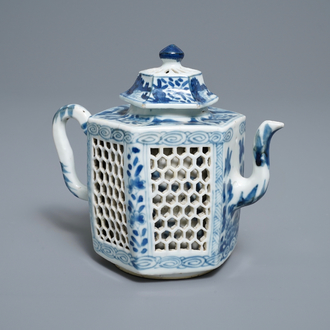 A rare Chinese blue and white double-walled reticulated octagonal teapot, Kangxi