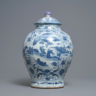 A Chinese blue and white vase and cover with figural design, Wanli