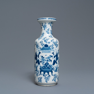 A Chinese blue and white rouleau vase, Kangxi mark, 19th C.