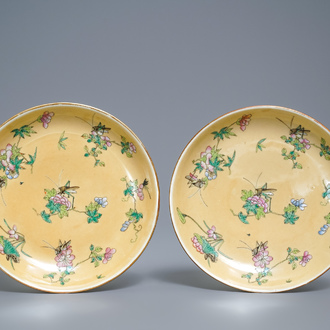 A pair of Chinese famille rose café-au-lait-ground plates, Daoguang mark and of the period