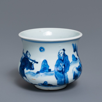 Een Chinese blauw-witte wierookbrander met figuren in een landschap, Kangxi