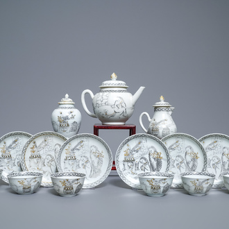 A Chinese grisaille 15-piece tea service with 'brothel' design, Yongzheng/Qianlong