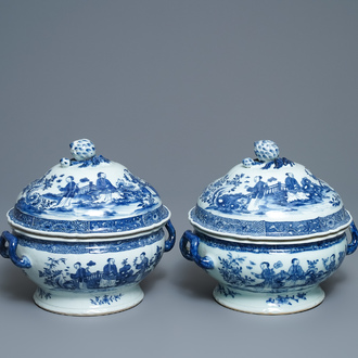 A pair of Chinese blue and white tureens with ladies in a garden, Qianlong