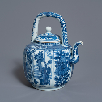 A Chinese blue and white wine ewer with figures, Wanli