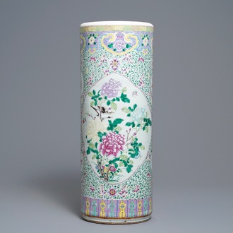 A Chinese famille rose cylindrical vase with birds among flowers, 19th C.