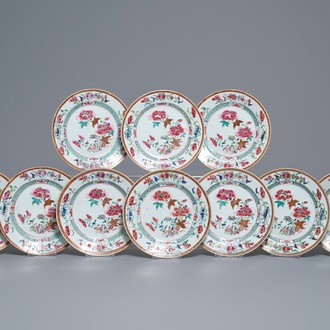 Ten Chinese famille rose 'peony' plates, Qianlong