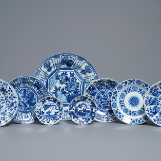 Eight Chinese blue and white plates, Wanli/Kangxi