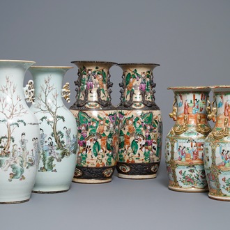 Trois paires de vases en porcelaine de Chine famille rose, de Nanking et de Canton, 19ème