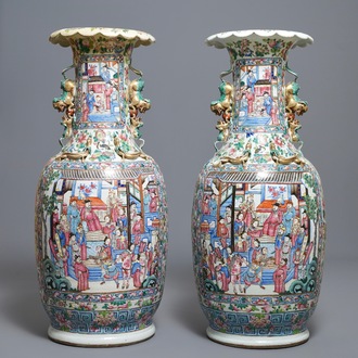 A pair of large Chinese famille rose court scene vases, 19th C.