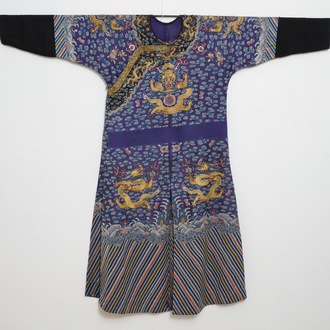 A Chinese embroidered silk purple-ground five-clawed dragon robe, 'jifu', 19th C.