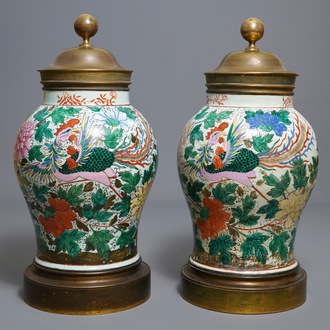 A pair of large bronze-mounted Chinese famille rose vases, 19th C.