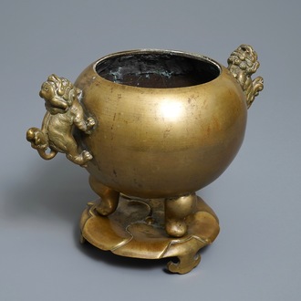 A large Chinese bronze tripod censer on stand, 19th C.