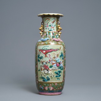 A Chinese brown- and celadon-ground famille rose vase, 19th C.