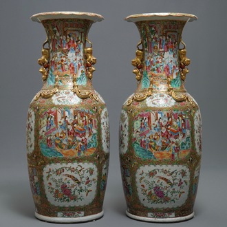 A pair of large Chinese Canton famille rose vases, 19th C.