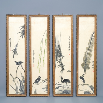 Ecole chinoise, signé Li Kuchan (1899-1983), encre et couleurs sur papier, daté 1972: quatre panneaux aux oiseaux sur rochers