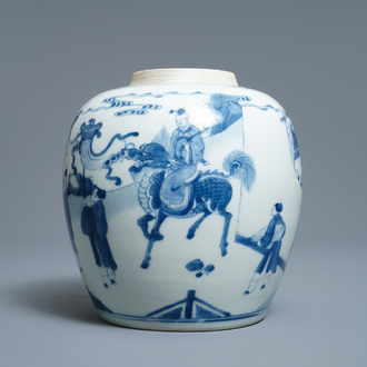 Un pot à gingembre en porcelaine de Chine en bleu et blanc à décor figuratif, Kangxi