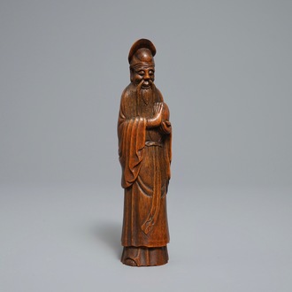 Een Chinese bamboe houten figuur van Shoulao, Qianlong/Jiaqing