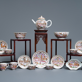 A Chinese famille rose and gilt Meissen-style 17-piece tea service, Qianlong