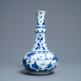 A Chinese blue and white bottle vase with figures in a landscape, Transitional period