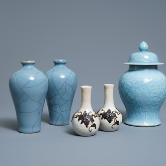 Five Chinese monochrome lavender blue and crackle-glazed vases, 19/20th C.