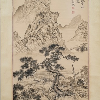 Ecole chinoise, signé Wu Hufan (1894-1968), encre sur papier: 'Paysage montagneux'