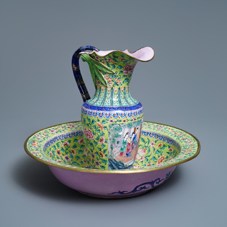 A Chinese Canton enamel lime green-ground ewer and basin, four-character mark, Qianlong/Jiaqing