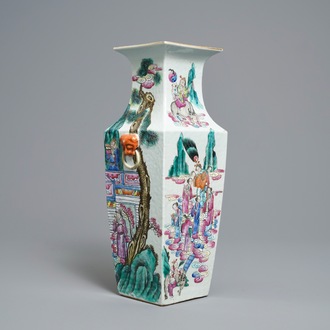 A Chinese famille rose square vase with figural design, 19th C.