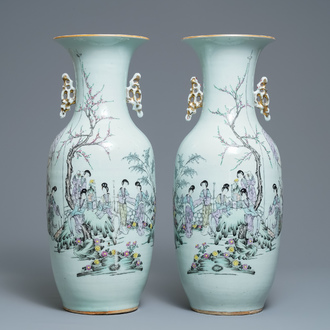 A pair of Chinese qianjiang cai vases with ladies in a garden, 19/20th C.