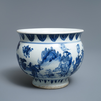 A rare Chinese blue and white censer with figures in a landscape, Transitional period