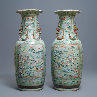 A pair of large Chinese famille verte celadon-ground vases with figural design, 19th C.