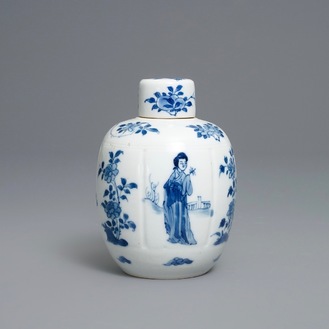 Een Chinese blauw-witte theebus en deksel met Lange Lijzen en bloemen, Kangxi