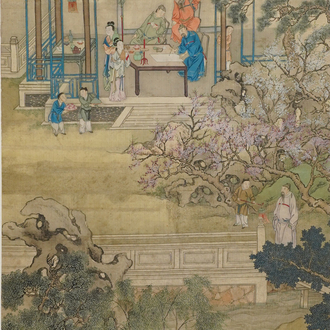 Ecole chinoise, 18/19ème, encre et couleurs sur soie: 'personnages auprès d'une pagode'