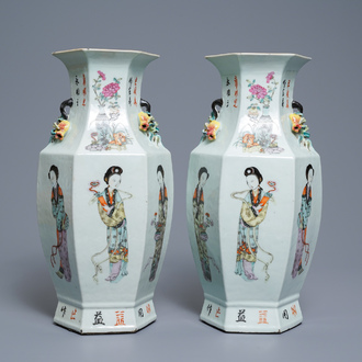 A pair of Chinese hexagonal qianjiang cai vases with ladies, 19/20th C.