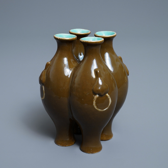 A Chinese conjoined four-part brown-glazed vase, Qianlong mark, 19/20th C.