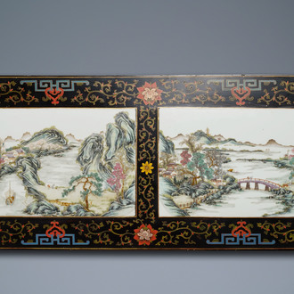 Two Chinese famille rose landscape plaques in a lacquered chest, marked Wang Yeting, 19/20th C.