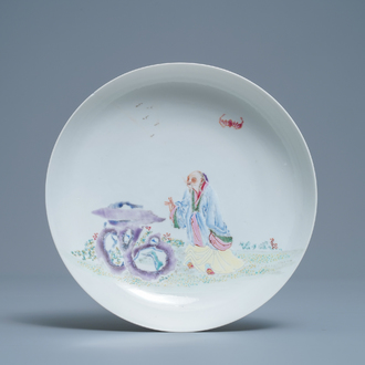 A fine Chinese famille rose eggshell plate with a scholar, Yongzheng