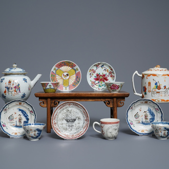 Five Chinese famille rose cups and saucers and two 'Mandarin' teapots, Yongzheng/Qianlong