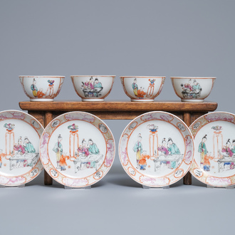 Quatre tasses et soucoupes en porcelaine de Chine à décor mandarin, Qianlong